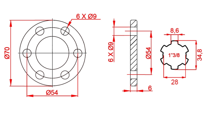 KARDANADAPTER MED FLENS 6 HULL 1-3/8 (90 mm)