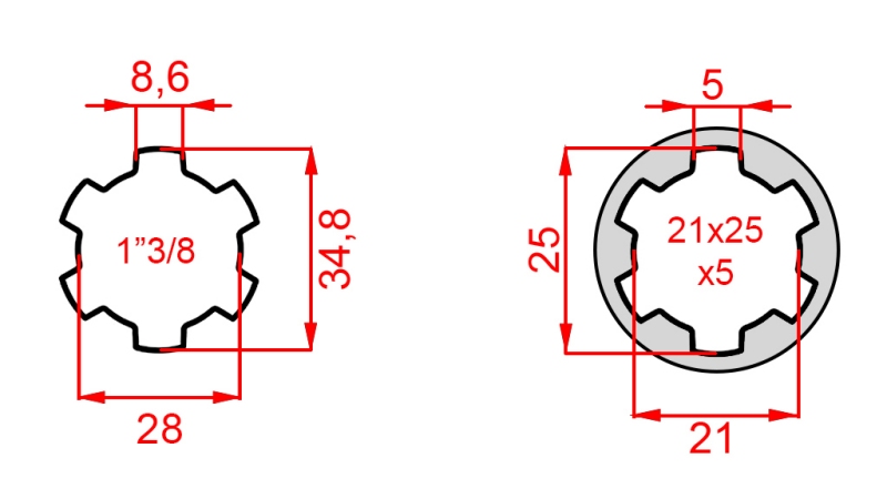 ADAPTOR CARDANIC DE LA 21x25x5 (6 CANELURI) LA 1-3/8 (140 mm)