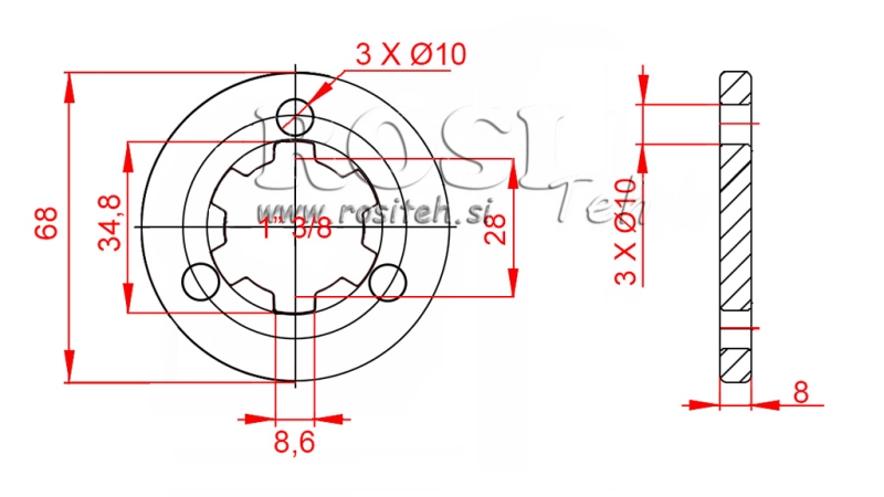 KARDANO ADAPTERIS SU FLANŠU 3 SKYLĖS IR KAIŠČIU 1-3/8 (80 mm)