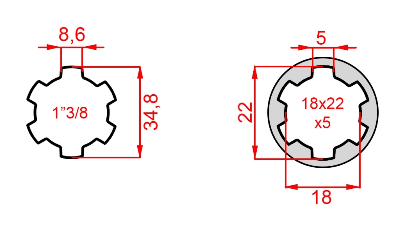 КАРДАНЕН АДАПТЕР ОТ 18x22x5 (6 ШЛИЦА) КЪМ 1-3/8 (120 mm)