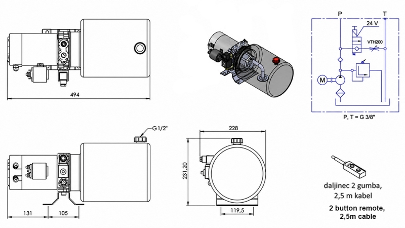 MINI HYDRAULIKAGGREGAT 24V DC - 2.2kW = 2.1cc - 8 lit - enfasig montering (metall)