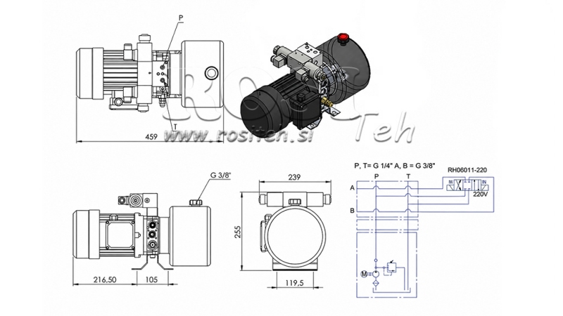 MINI ΥΔΡΑΥΛΙΚΗ ΜΟΝΑΔΑ ΙΣΧΥΟΣ 380V AC (0.75 kW) - 3.7 cc - 5.2 lit/min - δεξαμενή 4 lit