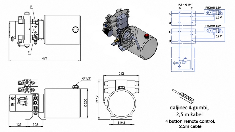 MINI ΥΔΡΑΥΛΙΚΗ ΜΟΝΑΔΑ ΙΣΧΥΟΣ 12V DC - 1.6kW = 2.1cc - 8 lit - 2x διπλής κατεύθυνσης μονάδα (μέταλλο)