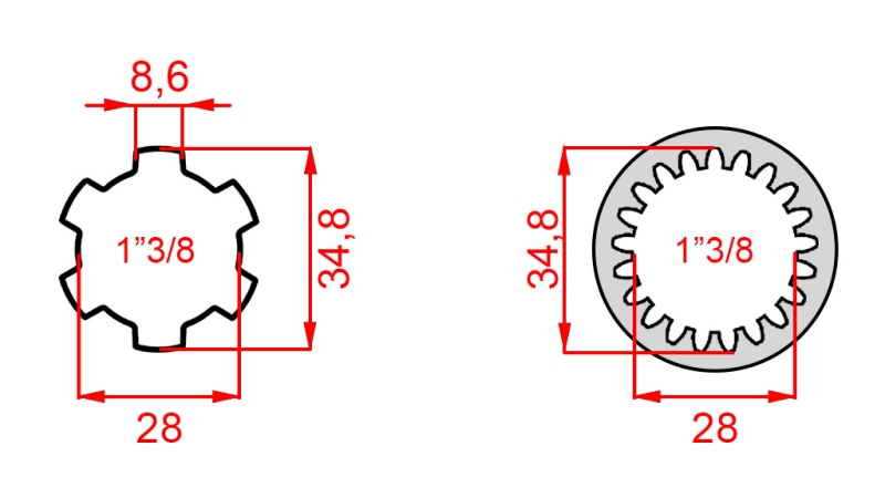 KARDANO ADAPTERIS IŠ 1-3/8 (21 DANTYS) Į 1-3/8 (150 mm)