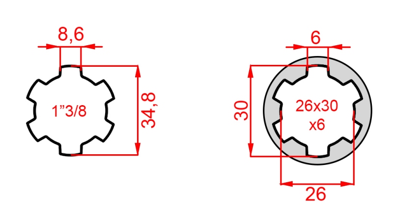 ADAPTOR CARDANIC DE LA 26x30x6 (6 CANELURI) LA 1-3/8 (140 mm)