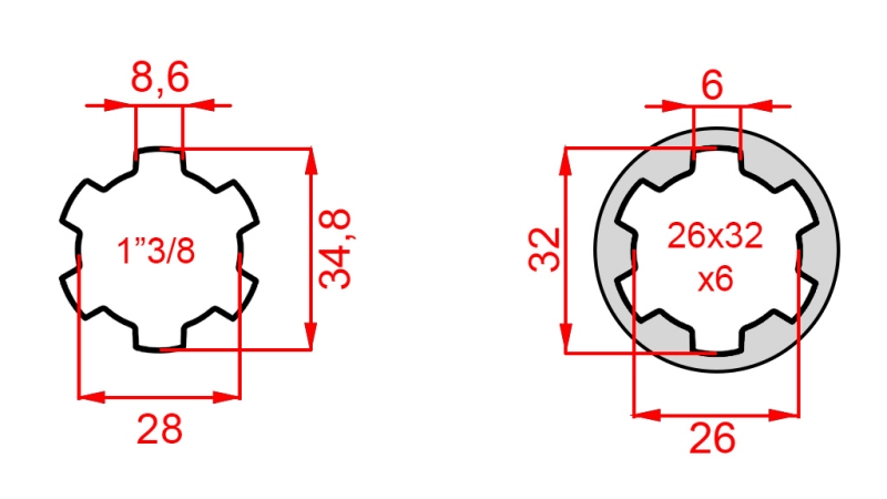 KARDANADAPTER FRA 26x32x6 (6 SPLINES) TIL 1-3/8 (145 mm)