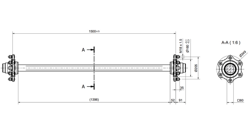 OSOVINA ZA PRIKOLICO 4800 kg BREZ ZAVOR (1500 mm)