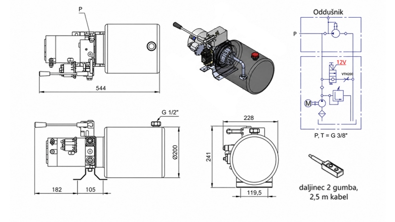 MINI HYDRAULISK POWER-PACK 12V DC - 1.6kW = 2.1cc - 8 liter - enfase enhet MED MANUELL PUMPE