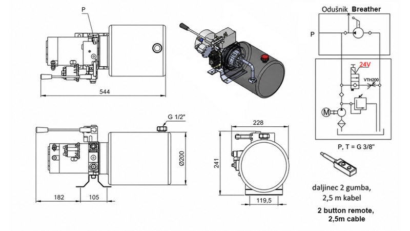 MINI UNITATE DE PUTERE HIDRAULICĂ 24V DC - 2.2kW = 2.1cc - 8 litri - unitate monofazată CU POMPĂ MANUALĂ
