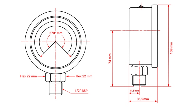 ΜΑΝΟΜΕΤΡΟ DN100 ΚΑΘΕΤΟ 0 - 250 BAR - 1/2