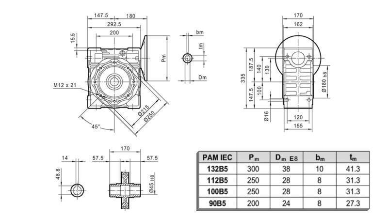 PMRV-130 REDUKTOR PRO ELEKTRICKÝ MOTOR MS132 (5.5-7.5kW) POMĚR 20:1