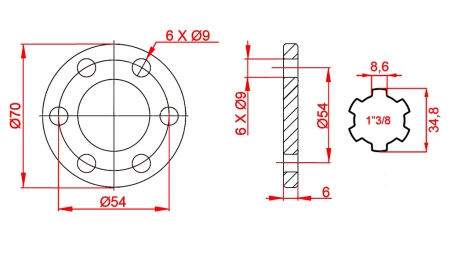 ADATTATORE CARDANICO CON FLANGIA 6 FORI 1-3/8 (90 mm)