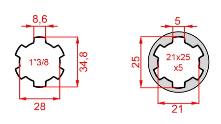 ADAPTOR CARDANIC DE LA 21x25x5 (6 CANELURI) LA 1-3/8 (140 mm)