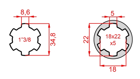 КАРДАНЕН АДАПТЕР ОТ 18x22x5 (6 ШЛИЦА) КЪМ 1-3/8 (120 mm)