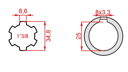 KARDANADAPTERI 1-3/8 - REIKÄ fi 25 mm (145 mm)