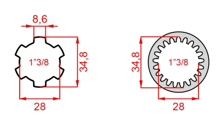 KARDANO ADAPTERIS IŠ 1-3/8 (21 DANTYS) Į 1-3/8 (150 mm)