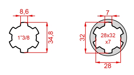 KARDANSKI NASTAVEK iz 28x32x7 (6 zob) na 1-3/8 (145 mm)