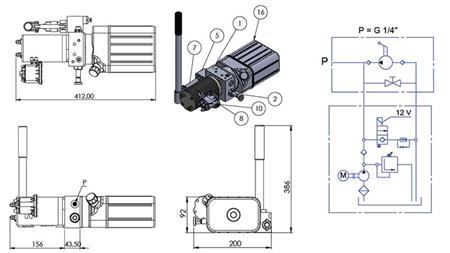 MINI HYDRAULIKAGGREGAT 12V DC - 0.8kW = 0.5cc - 1.5 lit - einphasige Einheit (PVC) mit Handpumpe