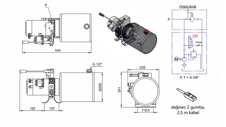 MINI HYDRAULISK POWER-PACK 12V DC - 1.6kW = 2.1cc - 8 liter - enfase enhet MED MANUELL PUMPE