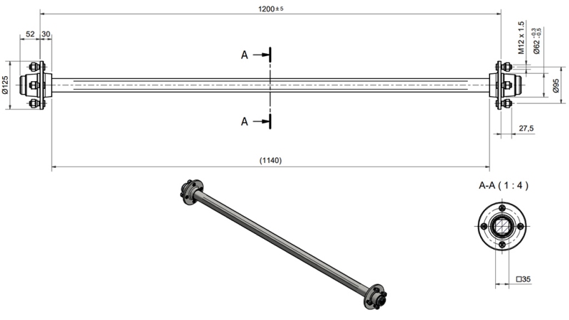 ΑΞΟΝΑΣ ΓΙΑ ΤΡΕΙΛΕΡ 950 KG ΧΩΡΙΣ ΦΡΕΝΟ (1200 MM)