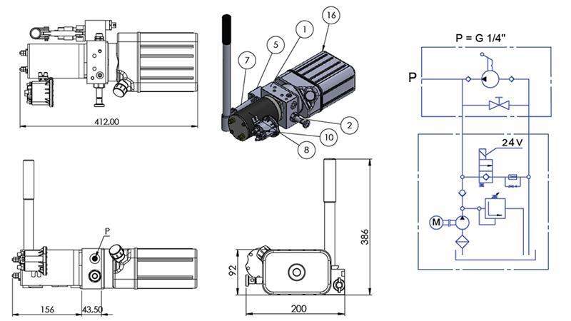 MINI HYDRAULISK AGGREGAT 24V DC - 0.8kW = 0.5cc - 1.5 lit - enfas enhet (PVC) med manuell pump