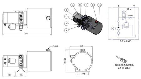 MINI HIDRAVLIČNI AGREGAT 12V DC - 1,6kW = 2,1cc - 8 lit - enosmerni sklop (kovinski)